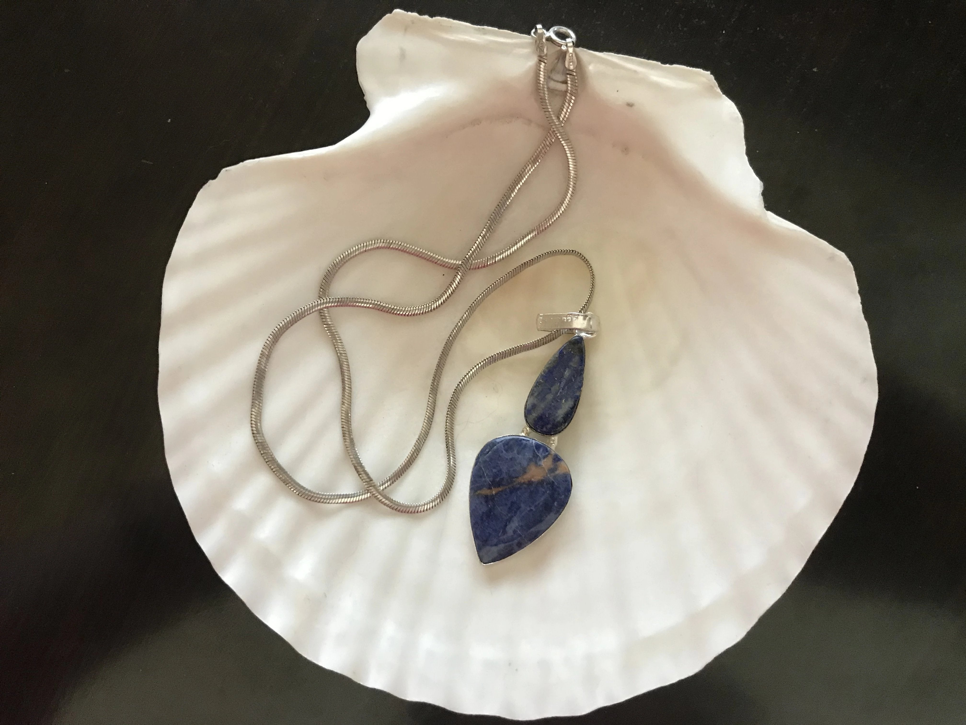 Royal Blue Sodalite Large Silver Pendant on Sterling Snake Chain - Shop Thrifty Treasures