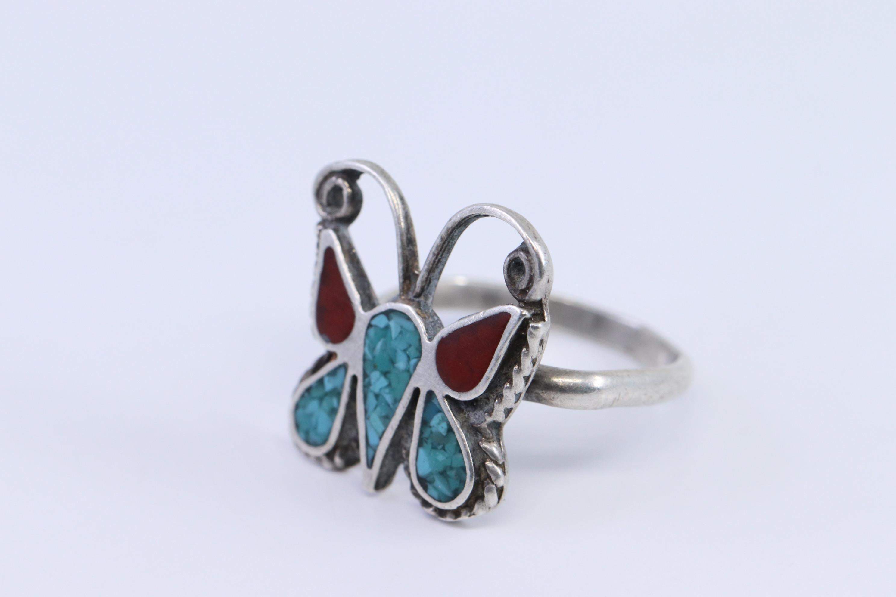 Navajo Vintage Butterfly Sterling Turquoise Coral Ring Size 5 - Shop Thrifty Treasures