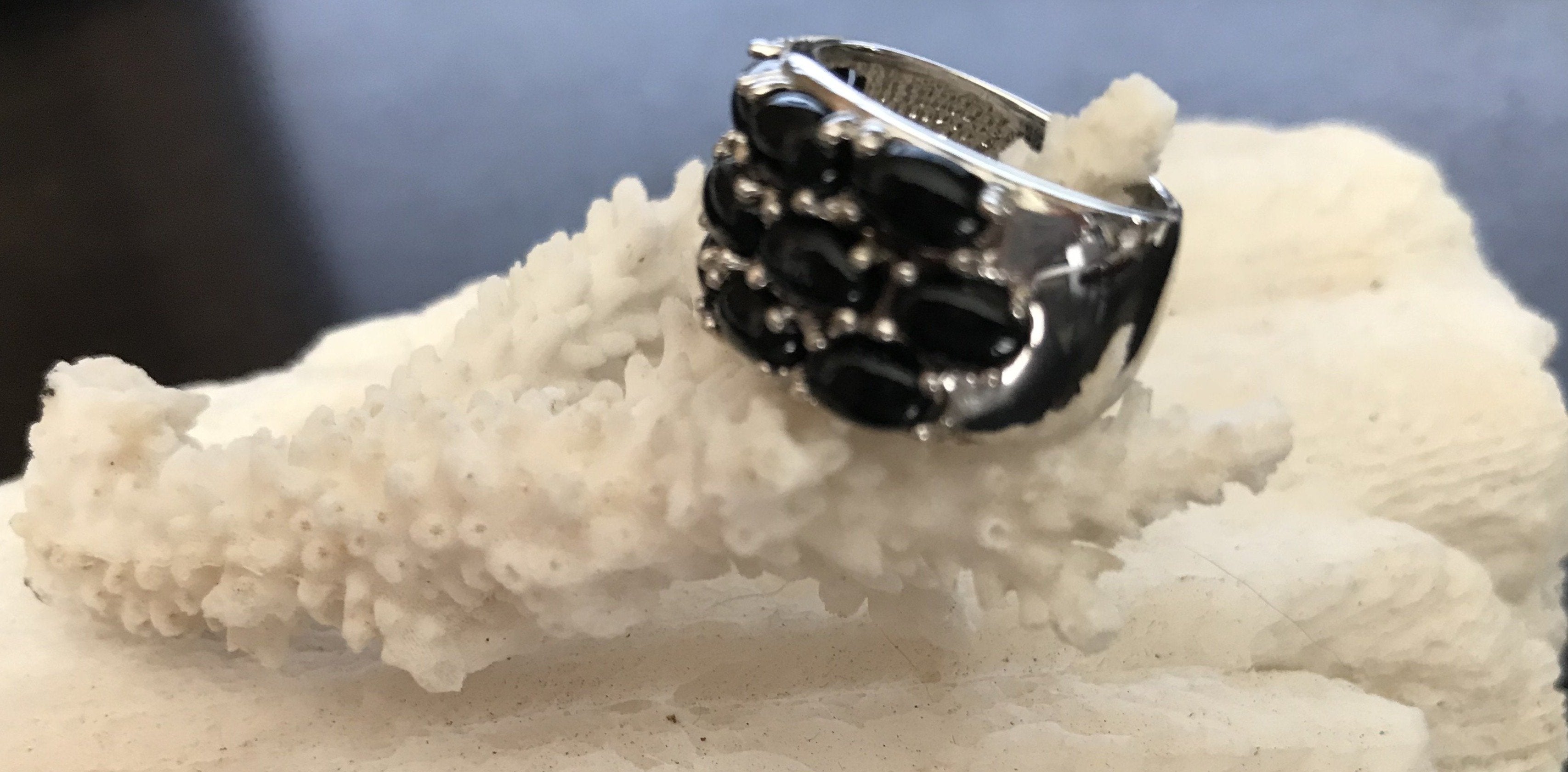 Sterling Silver Black Onyx Wide Band Ladies Ring Size 6 - Shop Thrifty Treasures