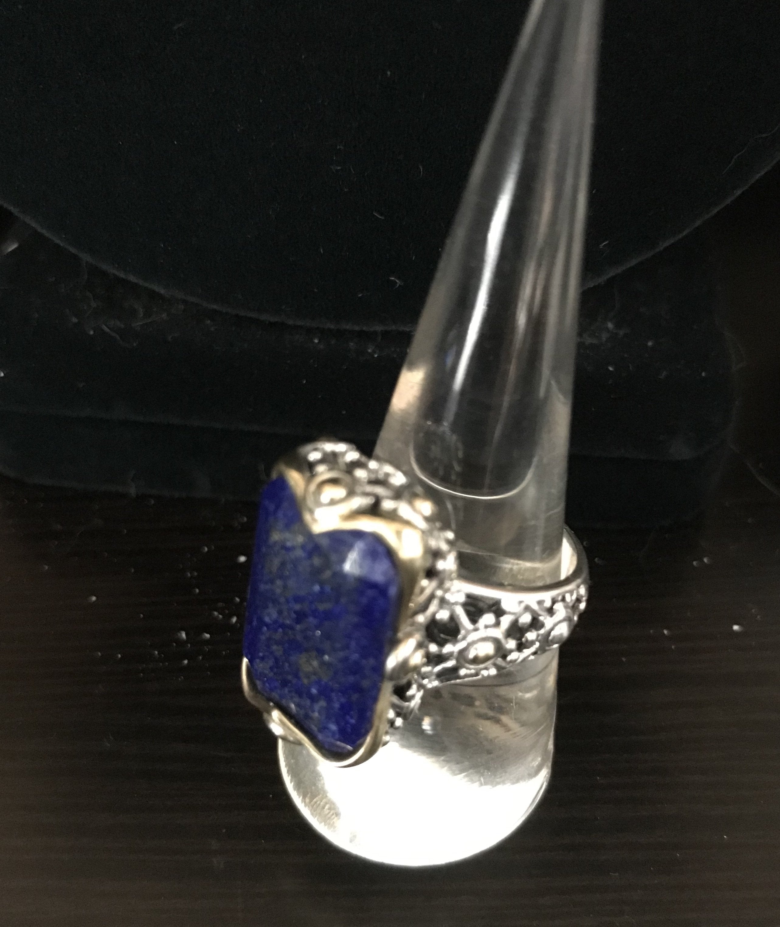 Silver & Gold Step Cut Lapis Beaded Ring Size 8 - Shop Thrifty Treasures