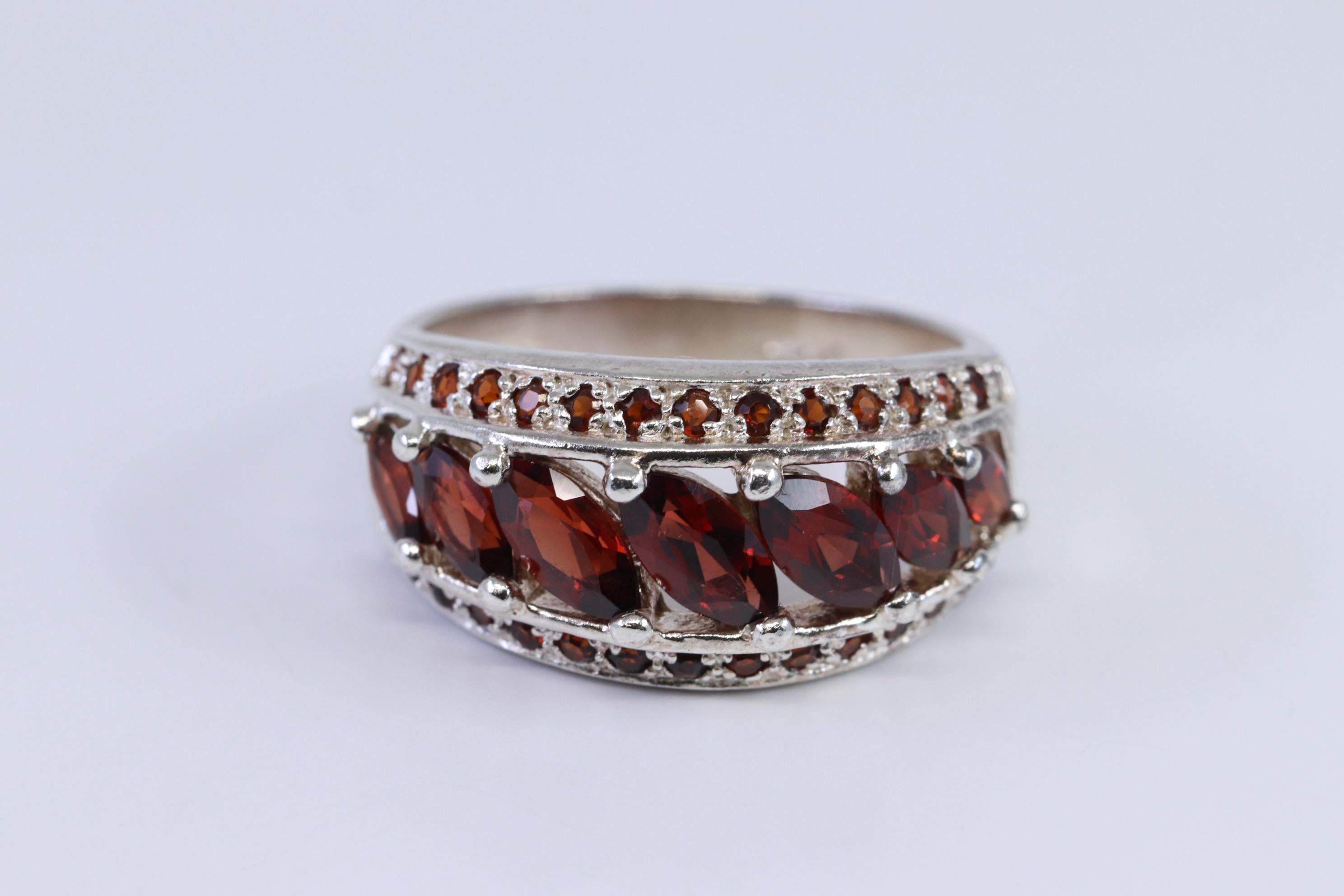 Sterling Silver Triple Row Red Garnet Ring Size 7.75 - Shop Thrifty Treasures
