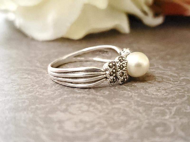 Sterling Silver White Pearl and Marcasite Ring Size 7 - Shop Thrifty Treasures