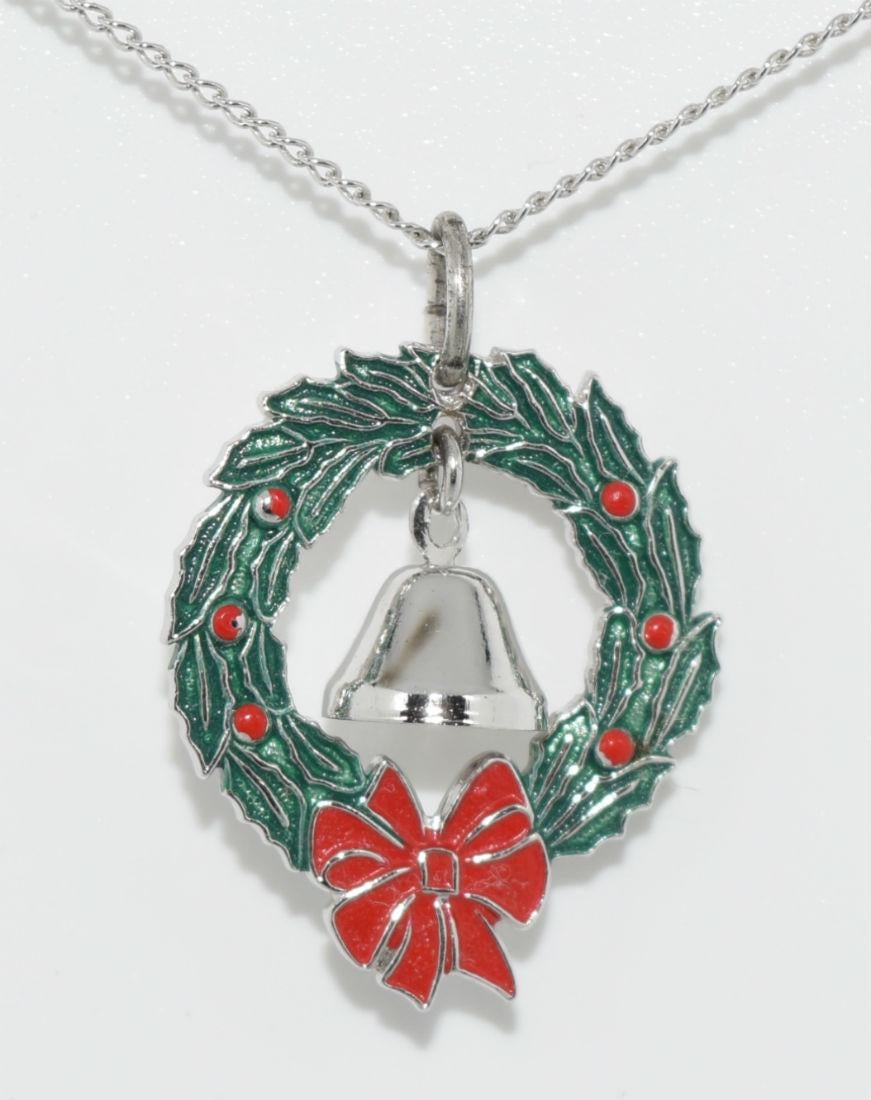 Sterling Christmas Wreath & Bell Pendant Necklace - Shop Thrifty Treasures
