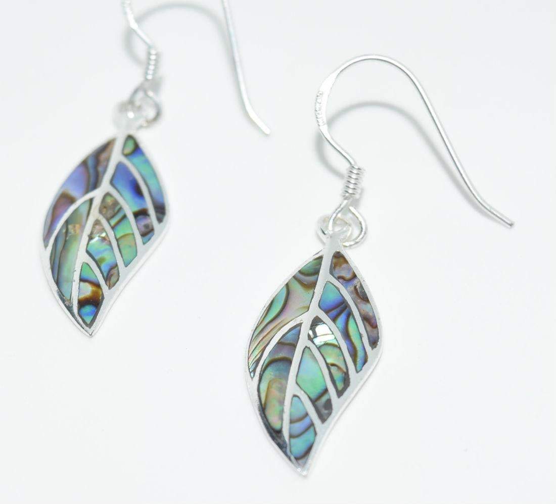 Sterling Silver Abalone Shell inlaid Leaf Hook Earrings - Shop Thrifty Treasures