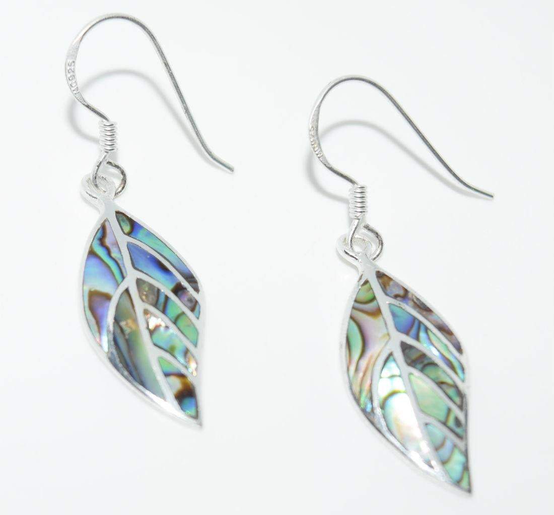 Sterling Silver Abalone Shell inlaid Leaf Hook Earrings - Shop Thrifty Treasures