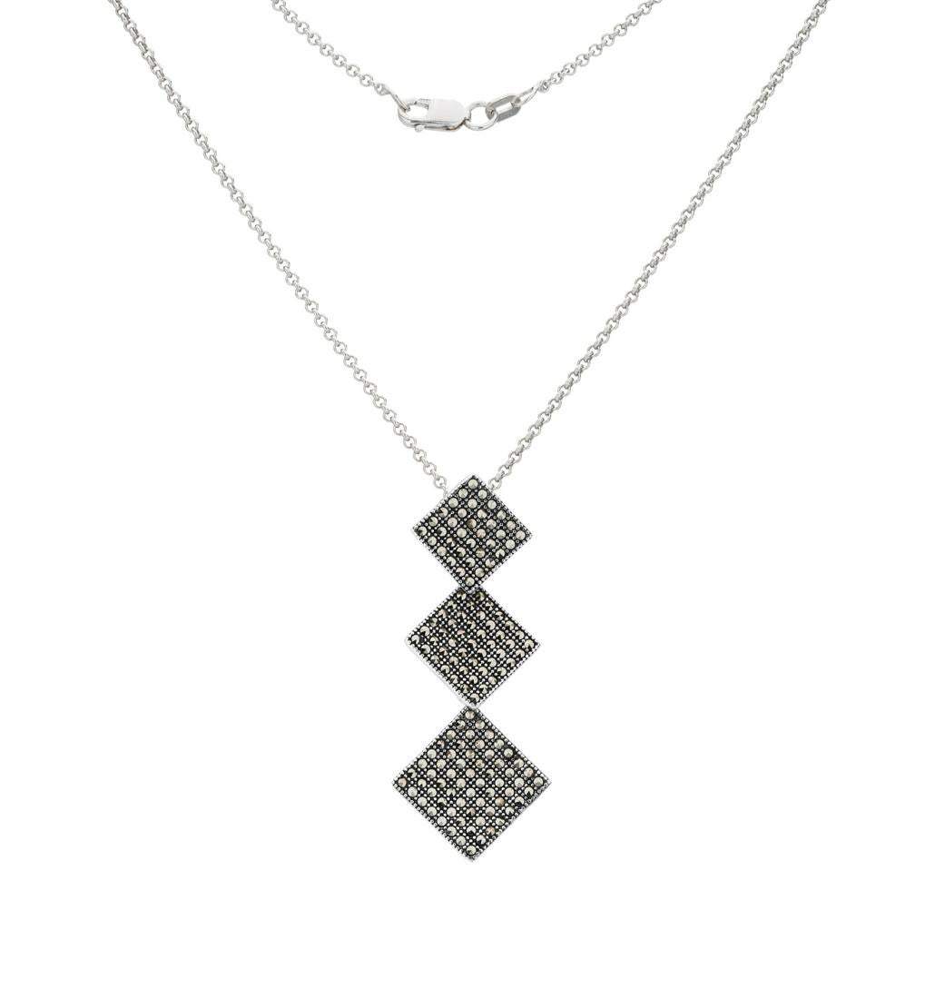 Sterling Silver Marcasite Squared Drop Pendant Necklace - Shop Thrifty Treasures