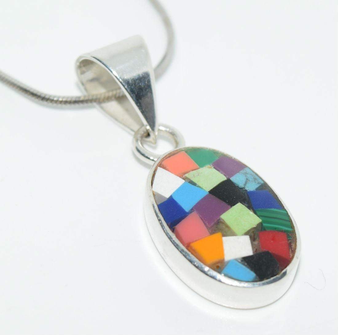 Sterling Silver Oval Enamel Multi-Colored Pendant Necklace - Shop Thrifty Treasures