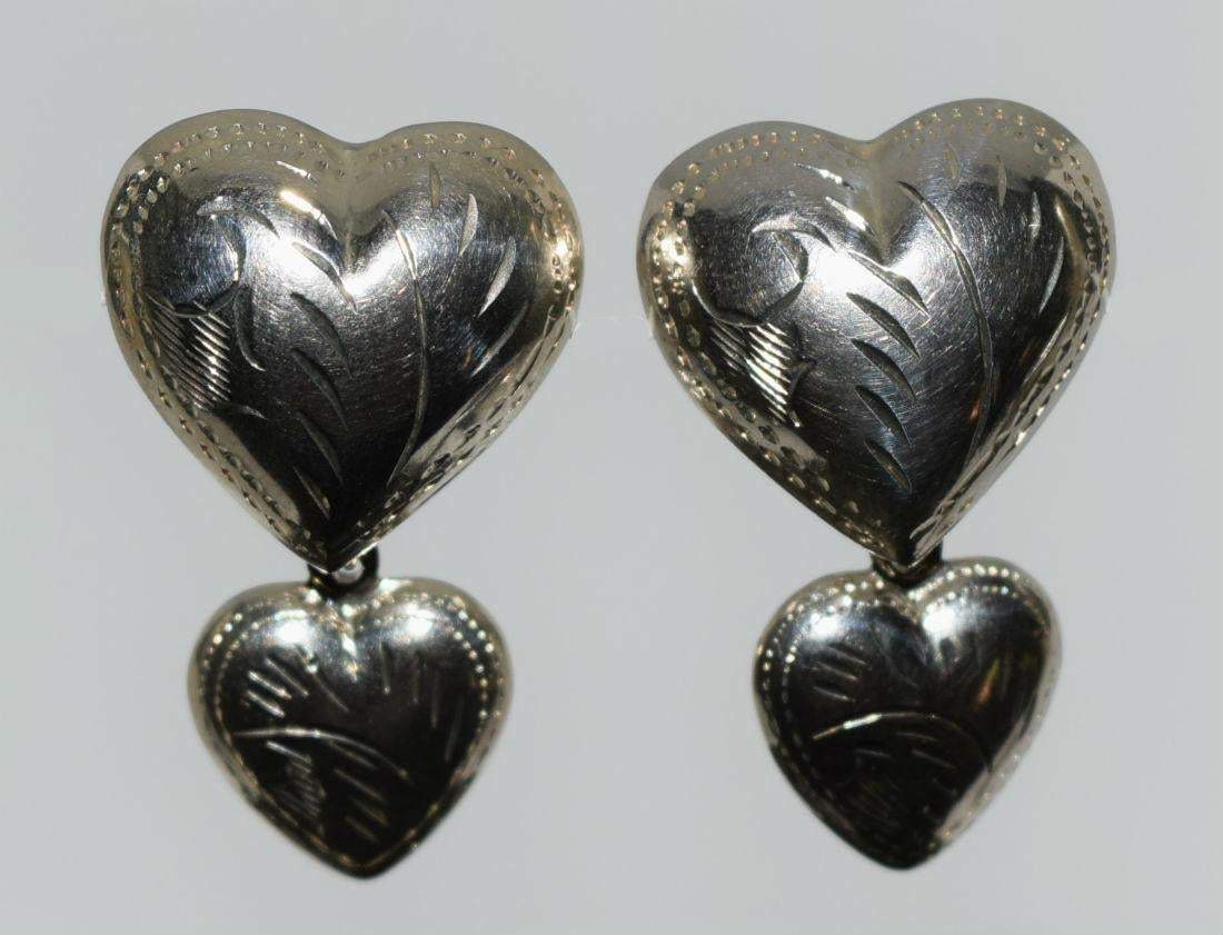 925 Sterling Silver Etched Double Hearts Dangle Earrings - Shop Thrifty Treasures