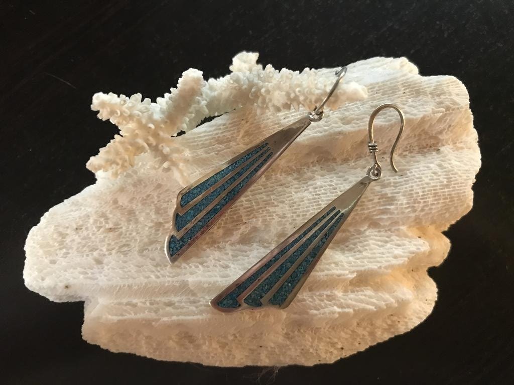 925 Mexican Sterling Silver Turquoise Inlaid Long Hook Earrings - Shop Thrifty Treasures