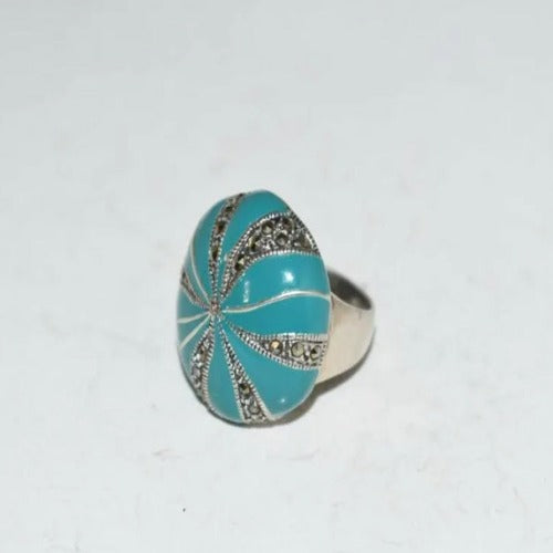 Vintage Sterling Silver Turquoise Marcasiite Ring Size 7.5